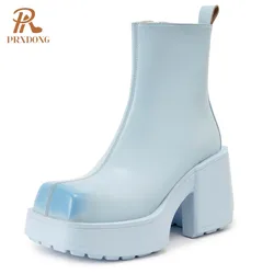 PRXDONG New Brand Autumn Winter Warm Shoes 2024 Genuine Leather Chunky High Heels Platform Black Blue Dress Casual Ankle Boots