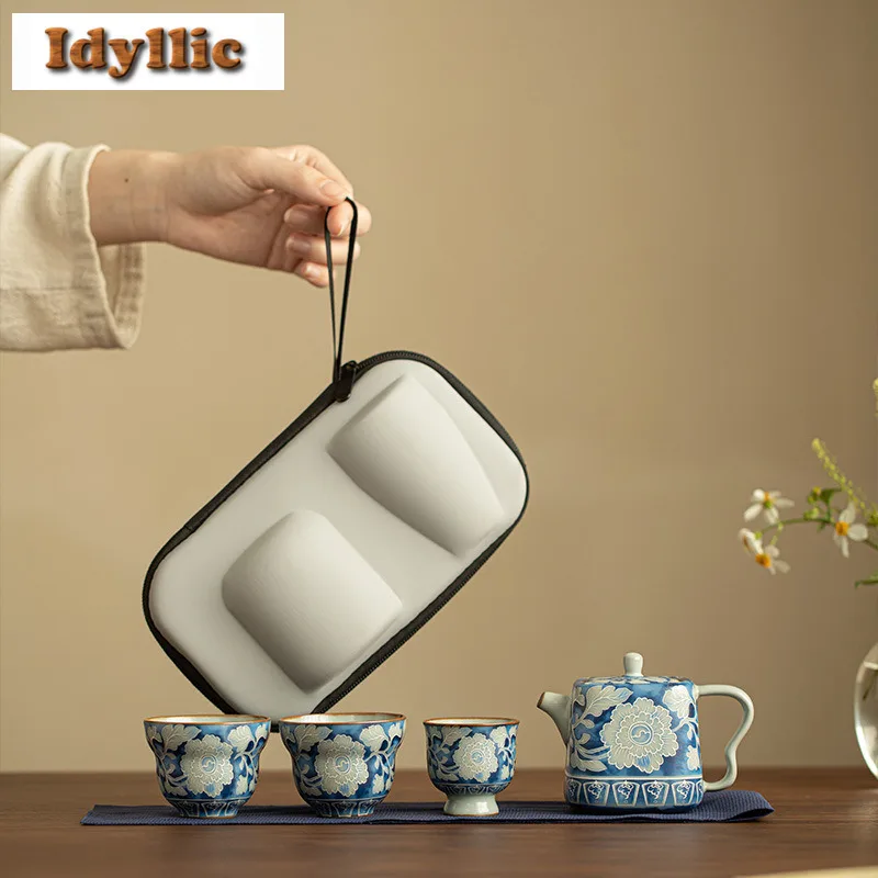 Ru Kiln Peony Yuan Blue And White Travel Tea Set Kit Zen 1 Pot 3 Cups Tea Making Organizer Portable Picnic Handbag Tea Items