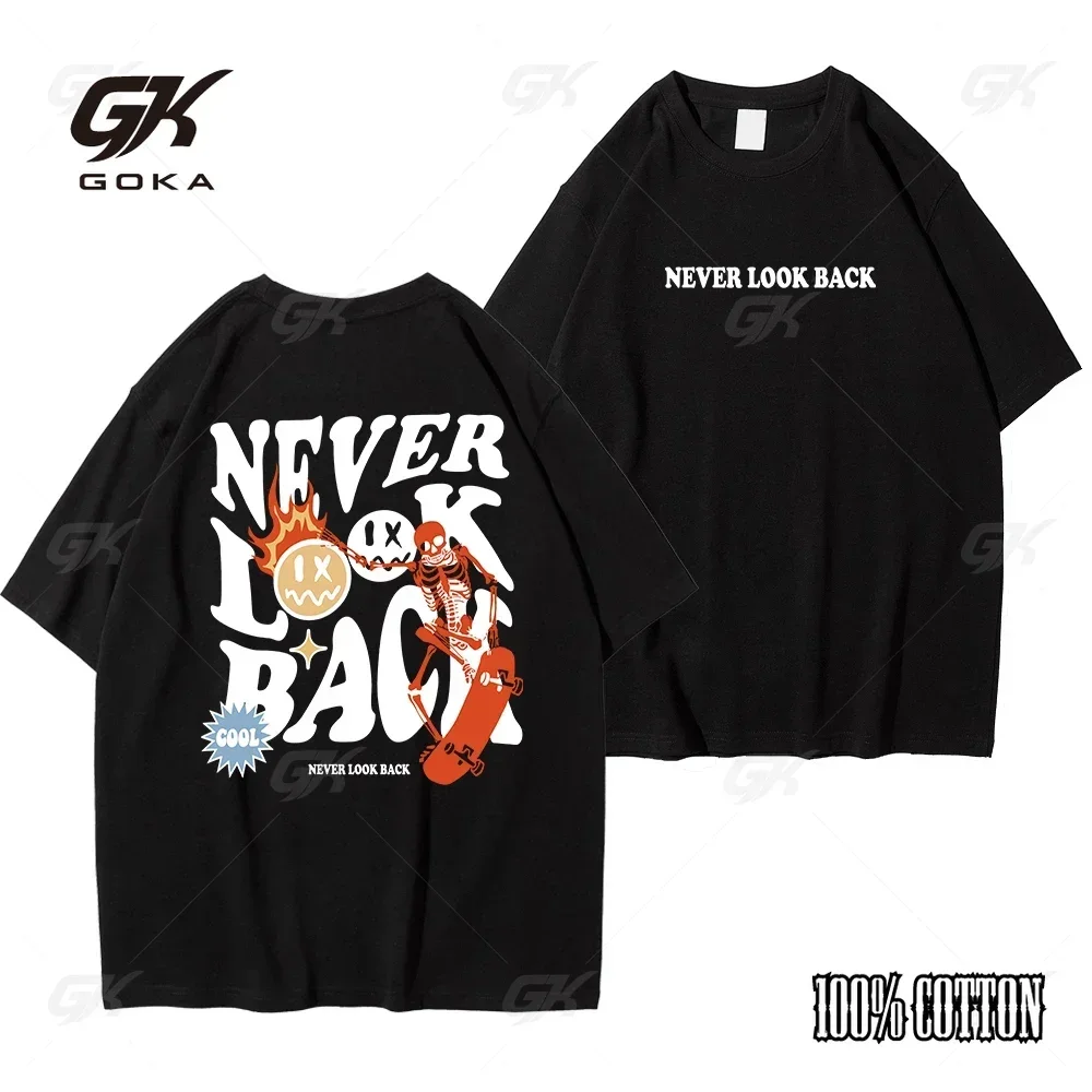 

Never Look Back Creative Smiling Skull Cartoon Street Print T-Shirt Men's Loose Clothes Cotton Crew Neck Top High Quality