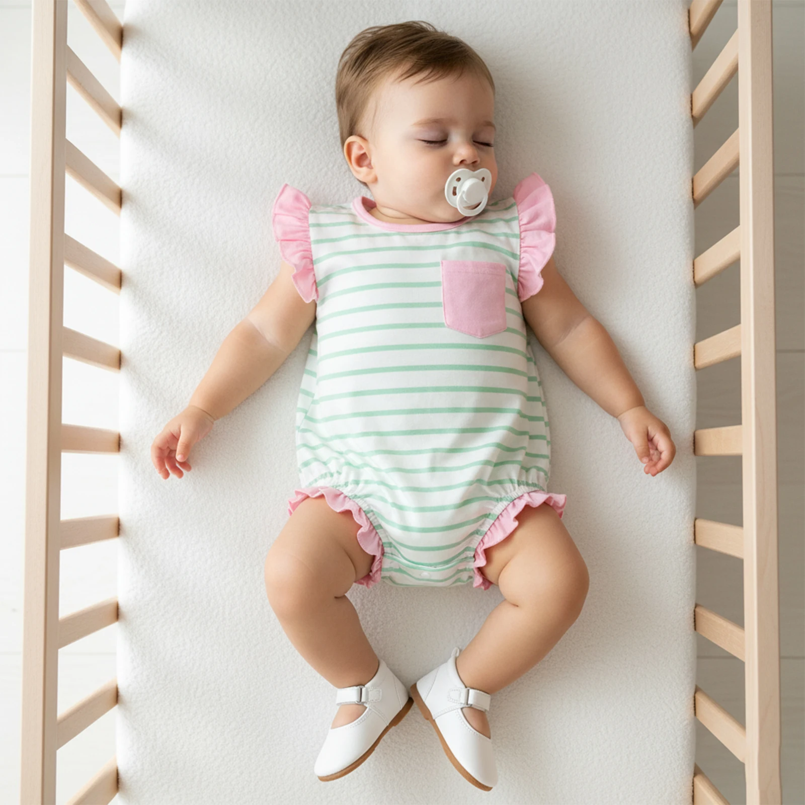 سويتي طفلة مخطط رومبير كشكش تقليم قصيرة الأكمام Crewneck بذلة ملابس الصيف غير رسمية داخلية #2