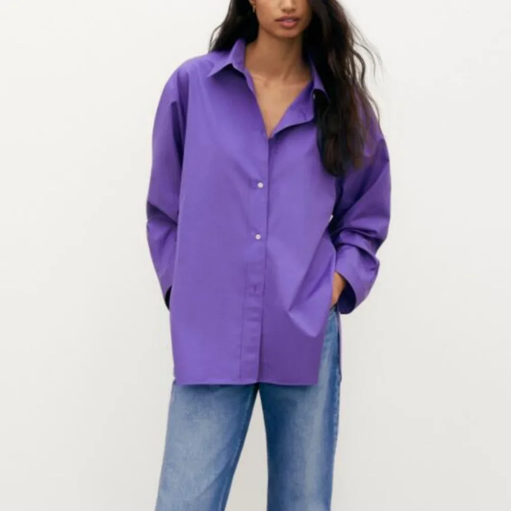 Autumn New Purple Casual Fit Poplin Solid Color Long Sleeve Shirt Top