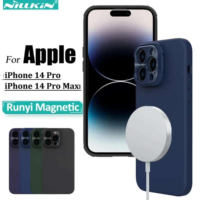 Nillkin for iPhone 14 Pro Max / 14 Pro Case Moisturizing Wing Magnetic Cases, Lens Foldable Stand Protection Silicone Back Cover