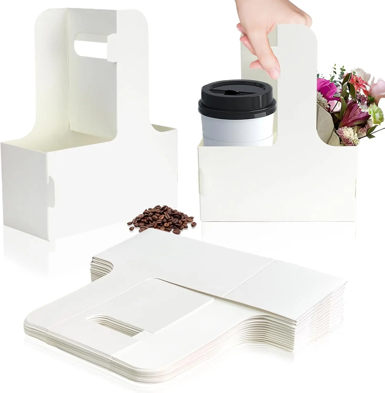 

2 Cup Disposable Drink Carrier for Delivery with Handle, 15 Count White Paperboard Cup Holders for Hot or Cold Drinks