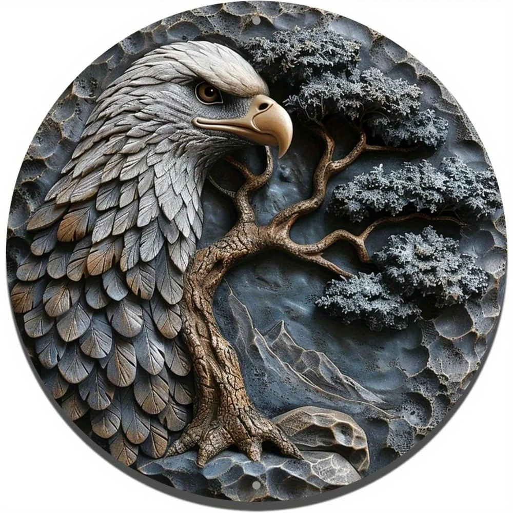 Round Aluminum Wall Decor Sign, 3D Imitation Bald Eagle Relief Art, Weatherproof, Luxurious Style, Home and Office Decoration