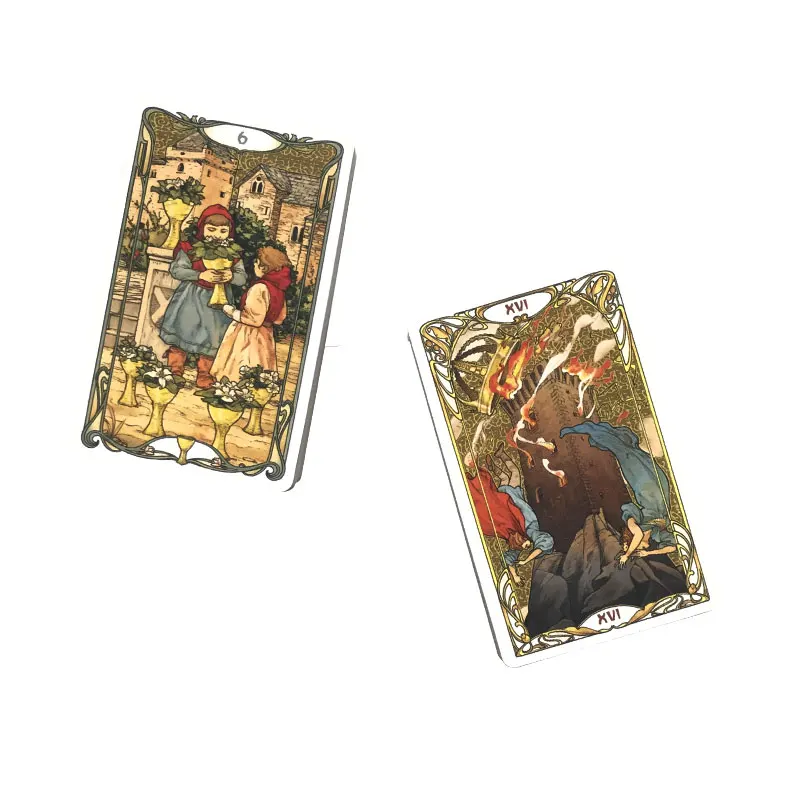 Mini Edition：Golden Art Nouveau Tarot Oracle Card Fate Divination Prophecy Card Family Party Game Tarot Brochure Guide