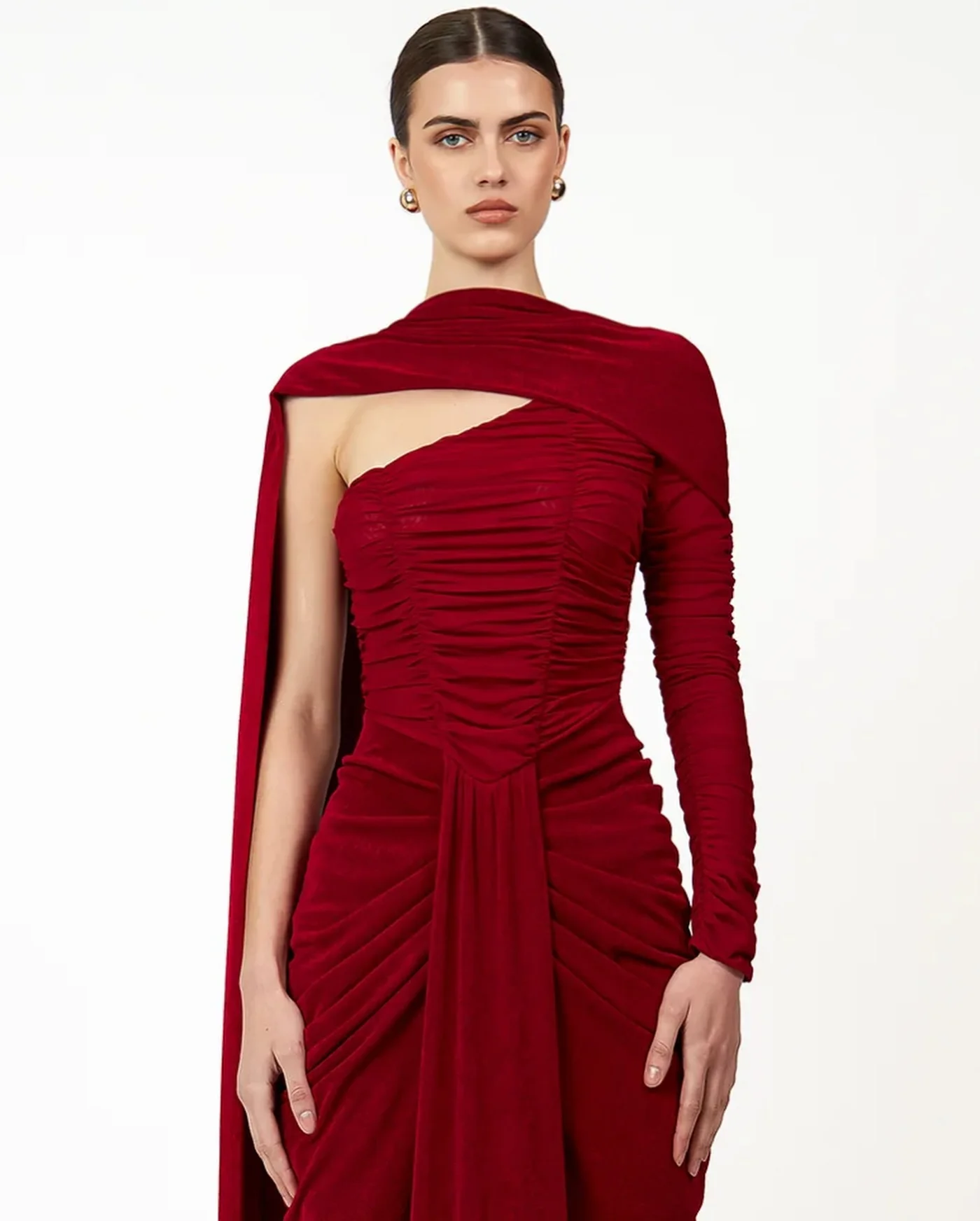 Personalizado gracioso um ombro mangas compridas watteau trem vestido de noite temperamento plissados foto cor vestido de fe