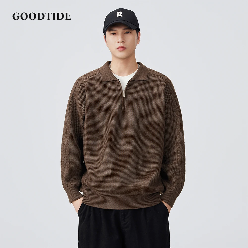 Fashion Men's Casual Polo Collar Half - Zip Sweater 2025 Autumn Winter New Waffle Knit Pullover Soft Long Sleeve Jumper Top