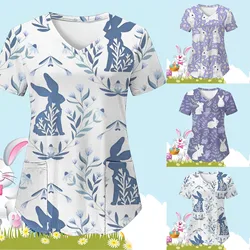 T-shirt de pâques imprimé Floral 2023, hauts slim, uniforme de travail d'été, vêtements de travail pour femmes, uniformes d'infirmière