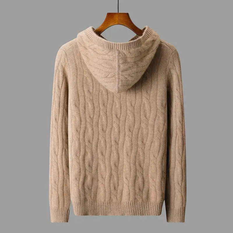 High-end 100% Cashmere Sweater Men's Hoodie Pullovers Cable Knit Thick Warm Autumn Winter Cashmere Knitwear Jumper Clothes Top