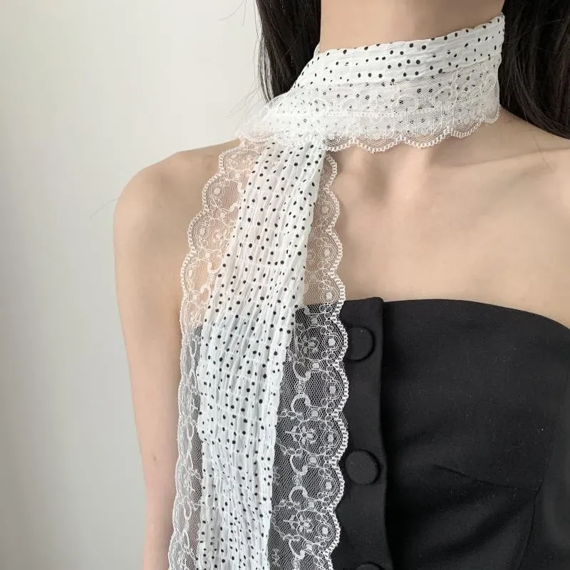 

Vintage French Polka Dot Skinny Scarf Lace Trim Hair Ribbon Korean Style Spring Summer Neck Scarf Multifunctional Headband Wrap