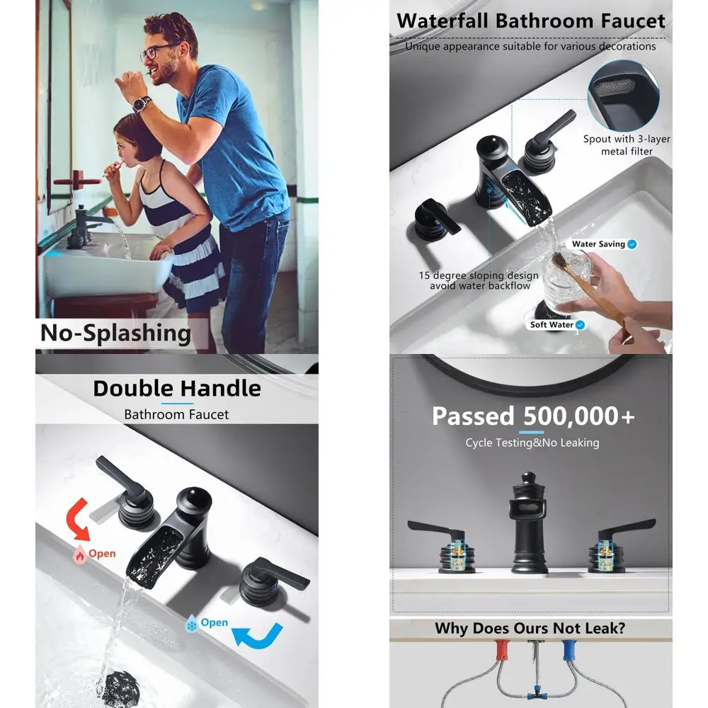 

8 Widespread Matte Black 3-Hole Waterfall Faucet with Pop-Up Drain for Bathroom Vanity and RV Sinks