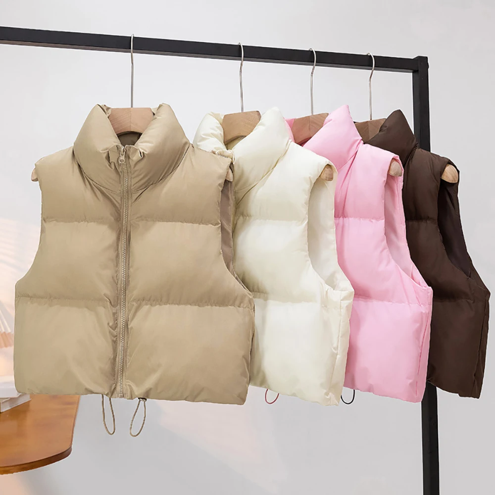Women Short Cotton Padded Vest Outerwear Autumn Winter Casual Solid Color Stand Collar All-Match Thick Vests Sleeveless Coats