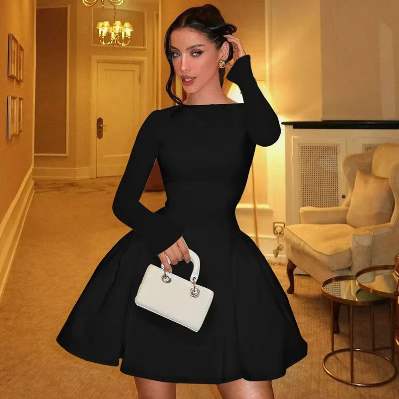 

2025 Summer Lace Patch Waist A-line Solid Color Dress Women's Mini Dress Bareback Sexy Party Evening Dress