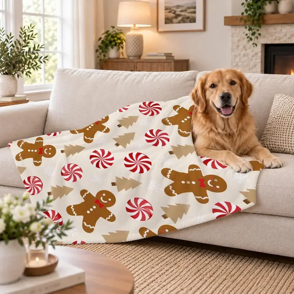 Christmas Gingerbread Man Candy Cane Scatter Throw Soft Plush Flannel Pet Blanket, Home Decor Cover for Sofa, Bed, Trip & Picnic