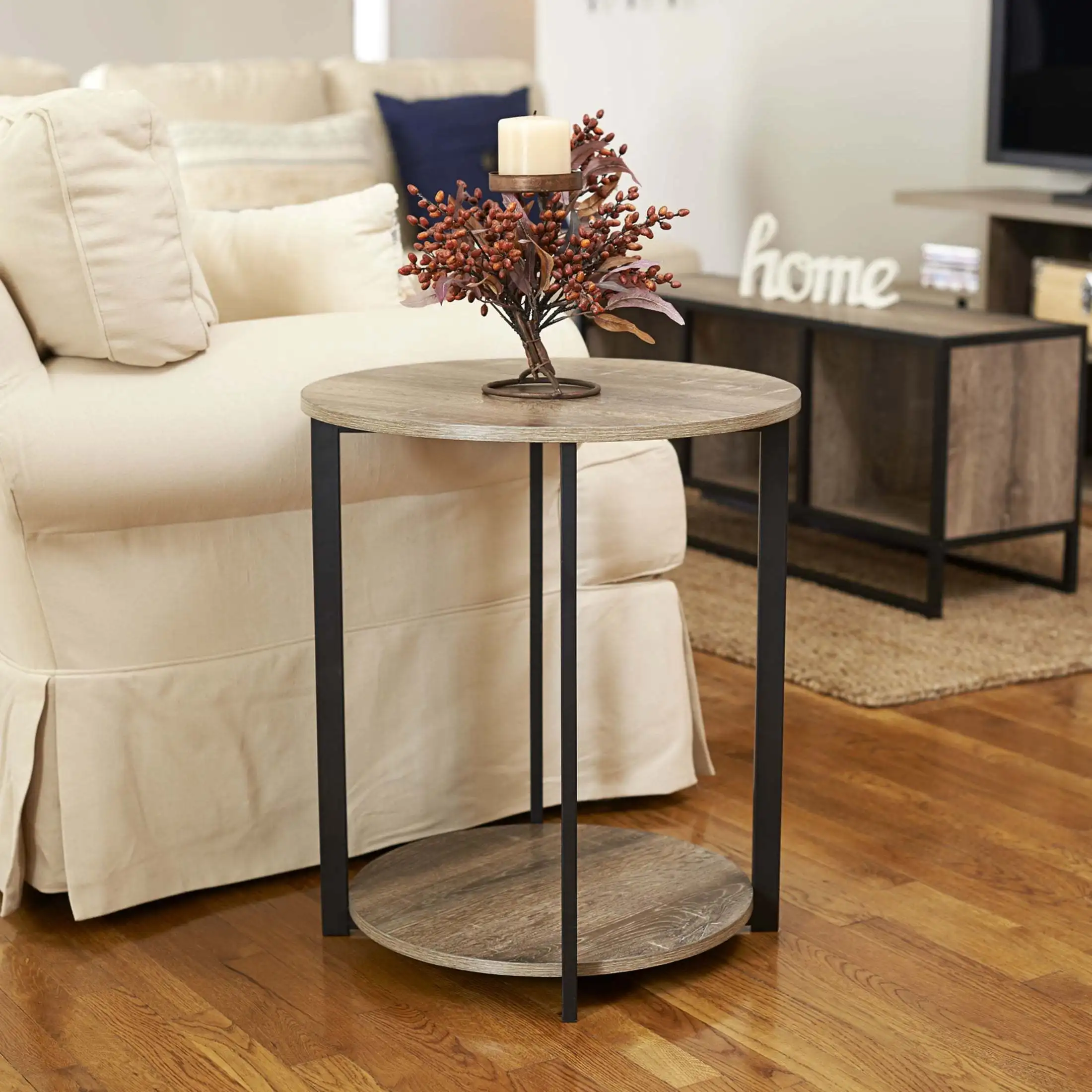 

Round Side End Table with Storage Shelf Rustic Wood Grain and Black Metal, High tables, coffee tables, decorative tables