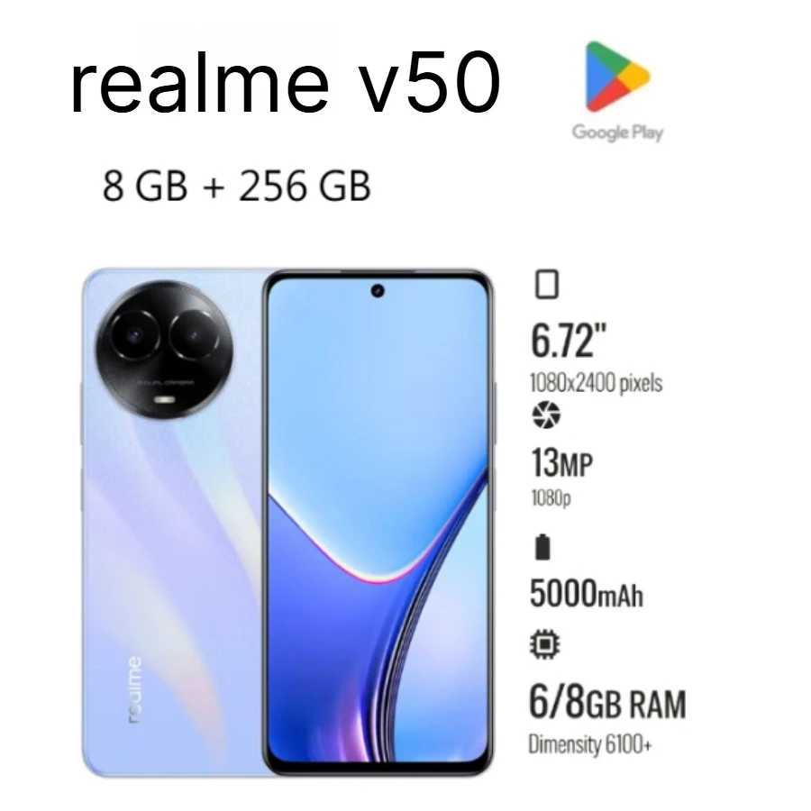 2026 New Realme V50 Unlocked Smartphone 8GB RAM 256GB Dimensity 6100+ 6.72 Inch 120Hz IPS Screen 5000mAh Dual‑SIM Android 13