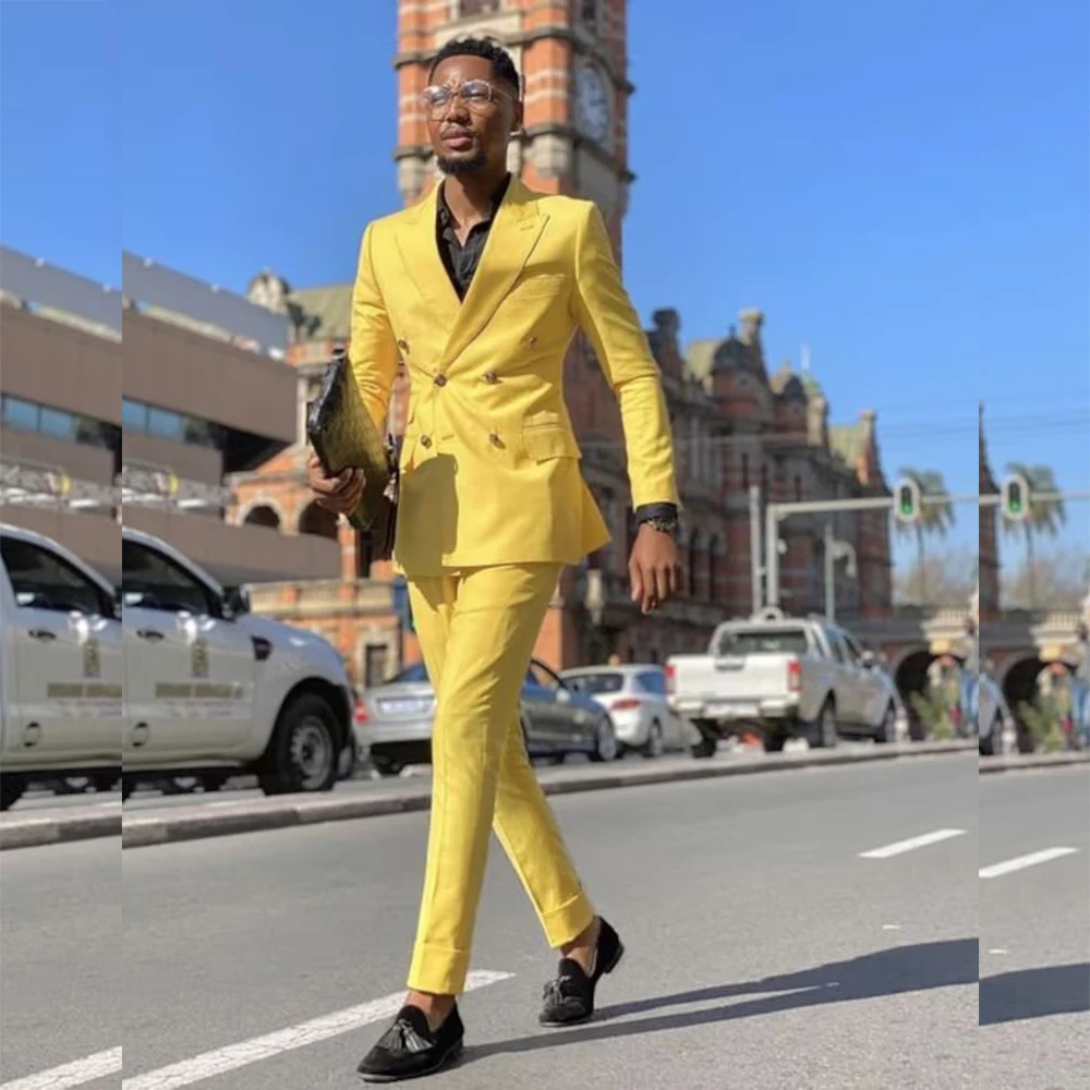 

STEVDITG Chic Yellow Full Set Male Clothing Double Breasted Flat Peaked Lapel Prom Party Men's Suits Loose 2 Piece Jacket Pants