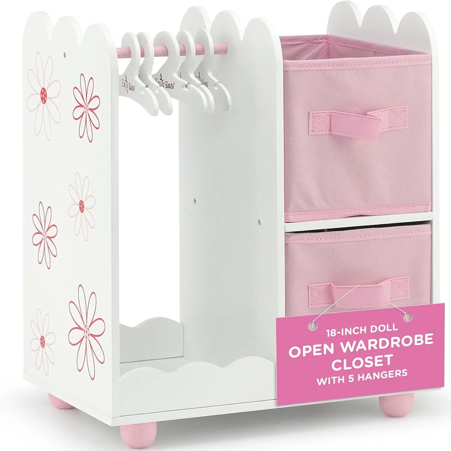 

18 Inch Doll Wardrobe Closet Organizer with Floral Design, Wooden Storage Armoire for American Girl Dolls