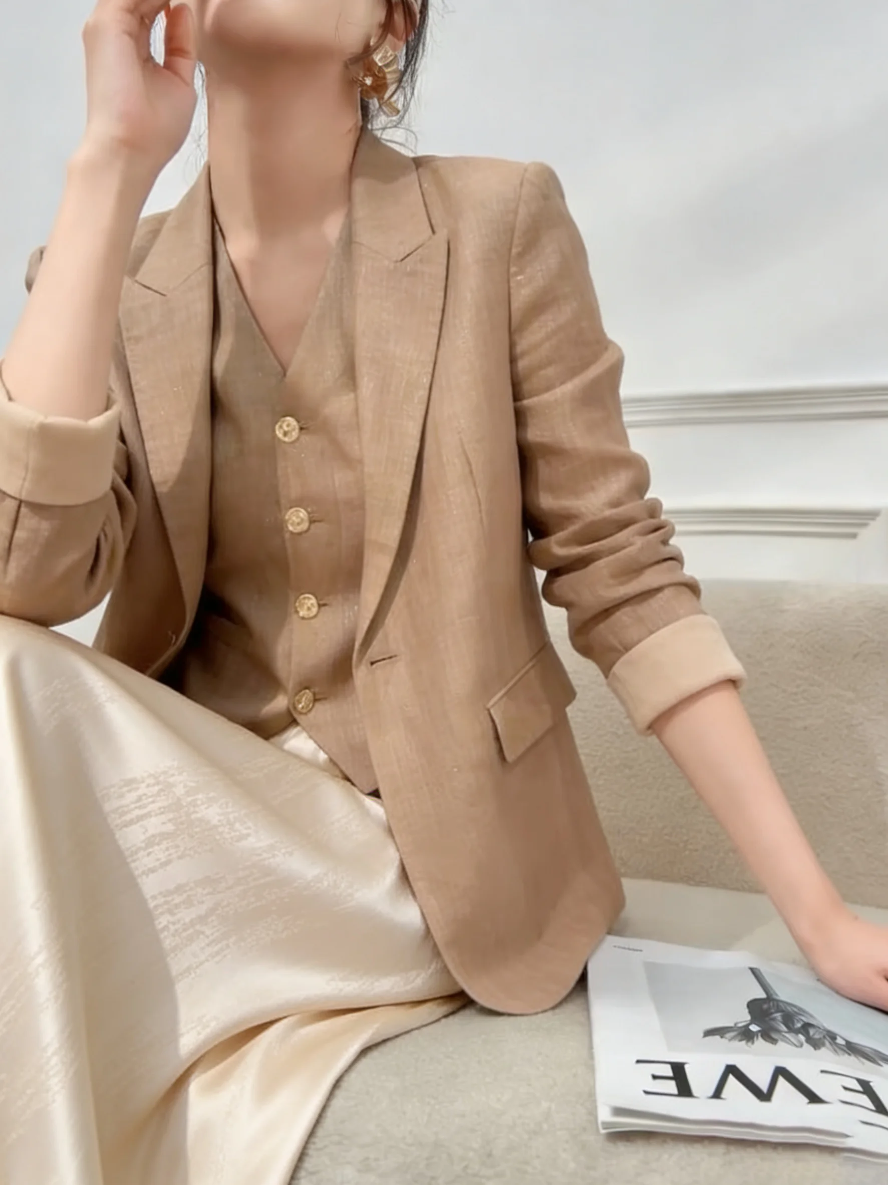 

Brown Linen Suit Jaet Vest Skirt Set Women's Faion Spring Outfit High Waist Pear ape Body pe round Ne Long Sve