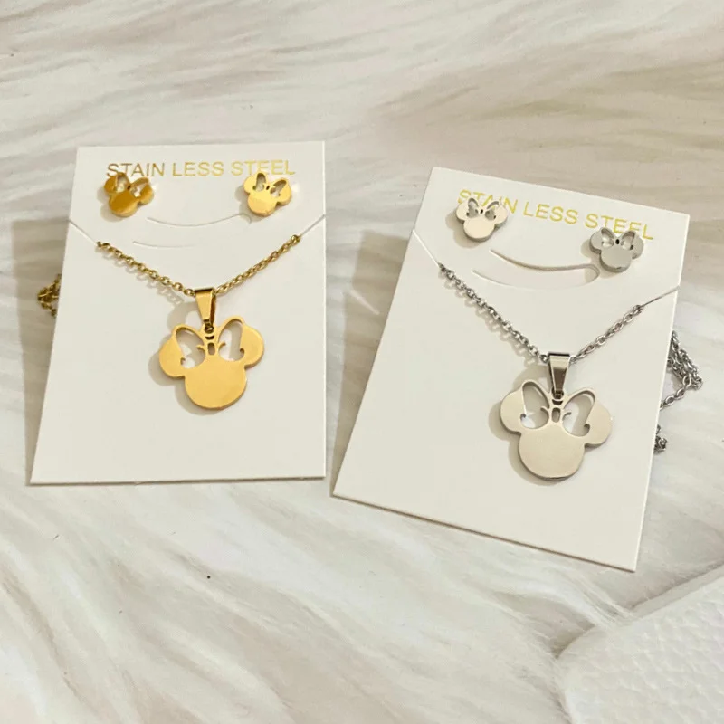 Cartoon Bowknot Mouse Stainless Steel Jewelry Set for Women Fashion Anime Animal Necklace Earrings Party Accessories