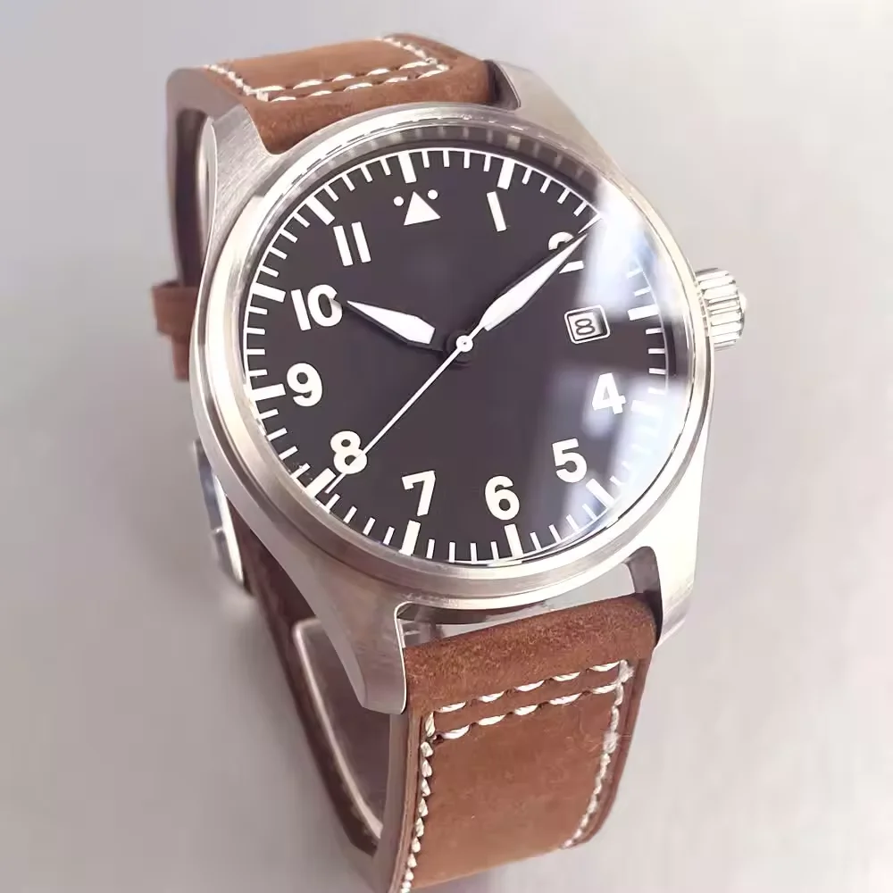 تخصيص 39 مللي متر Miyota8215 الحركة التلقائية الياقوت الكريستال 200 متر مقاوم للماء الطيار ريترو الرجال ساعة حزام من الجلد المسمار تاج