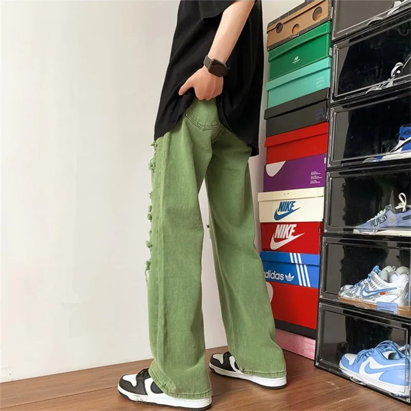 Green Jeans Men\'s Clothing High Street Ripped Straight Pants Solid Color Button Pocket Trousers Loose A008