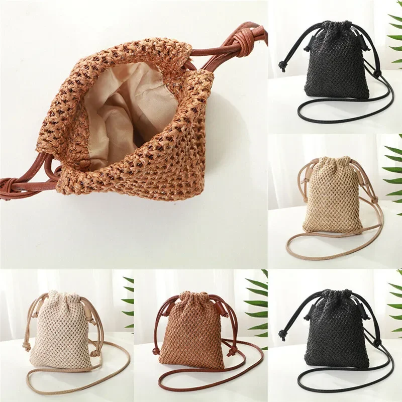 Newest Hot Women Straw Woven Bag Summer Beach Rattan Shoulder Bags Wicker Weave Handbag Crossbody Mini Messenger Phone Bag