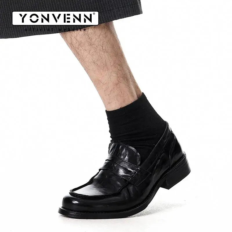 

Black cowhide elegant sliding style loafers with men's pleated design formal dress shoes for work, business and leisure