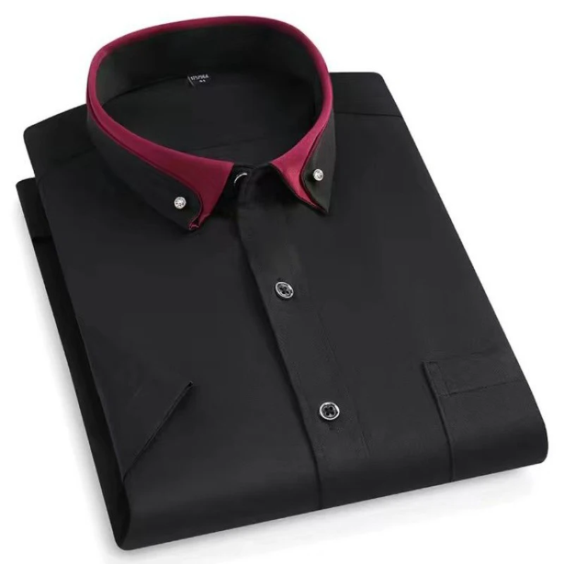 

Short-sleeved shirt men's double collar elastic business casual Slim solid color breathable