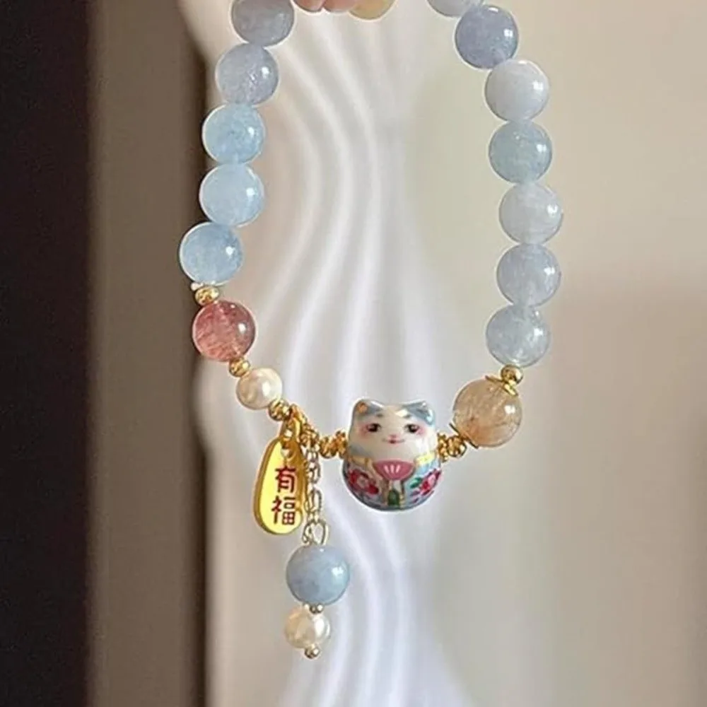 New Blue Crystal Lucky Cat Bracelet Ceramic Cat Pendant Cute Feng Shui Jewelry Wealth Protection Bracelet Fortune Enhancement