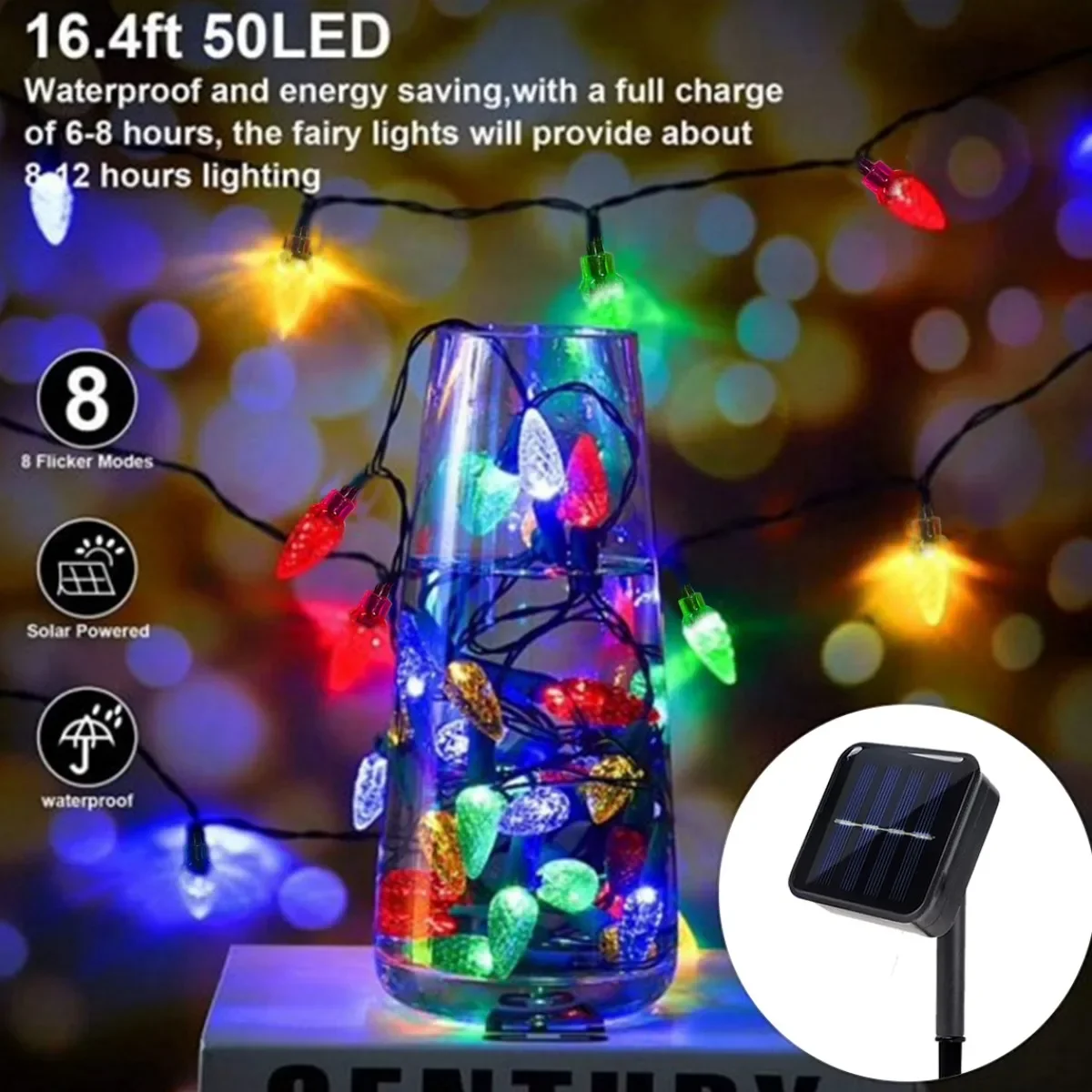 ไฟประดับคริสต์มาสพลังงานแสงอาทิตย์ 12 เมตร 100 หลอด LED รูปทรงสตรอว์เบอร์รี กันน้ำ สำหรับตกแต่งลานบ้าน งานแต่งงาน ปีใหม่ และงานปาร์ตี้