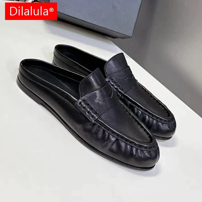 

Dilalula 2026 Fashion Genuine Leather women's Slippers For Vacation Comfort Covered Toe Pleated Mules Lady Classic Walk Shoes