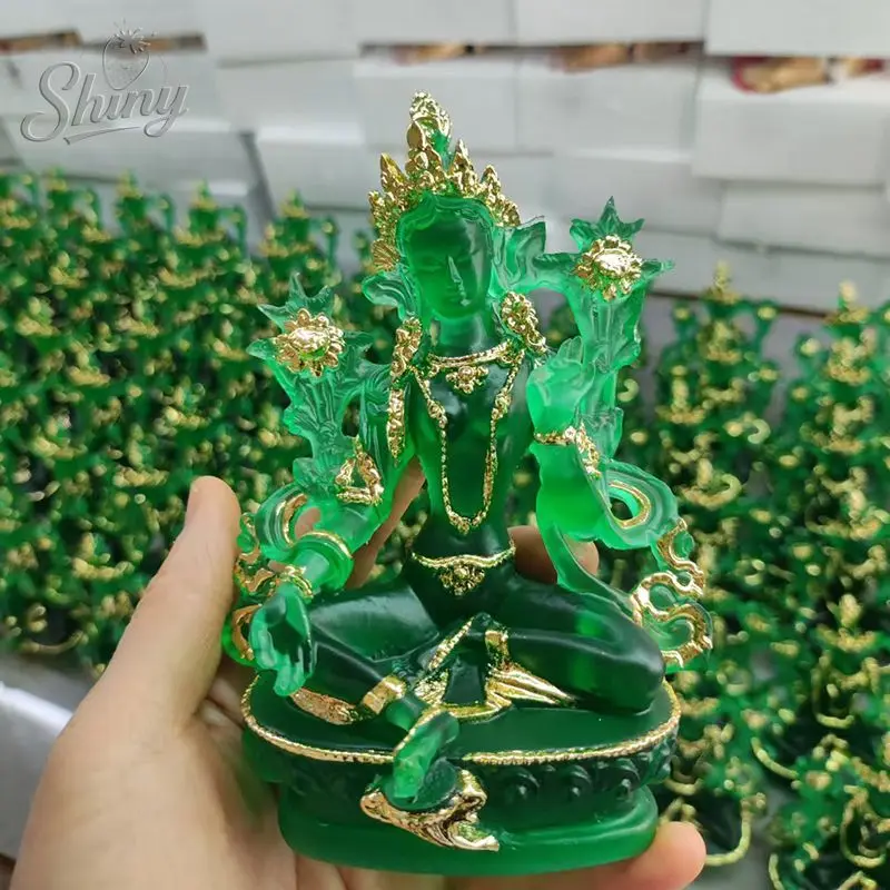 

4.7" Green Buddha Statue Bodhisattva Goddess of Mercy Water Glaze Resin Household Offerings Tantric Desktop Ornaments