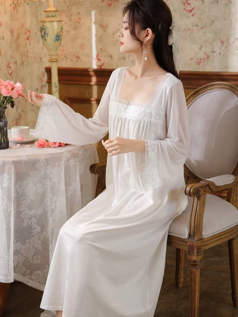 Women Romantic Victorian Cotton Fairy Night Dress Sexy Lace Long Sleeve Peignoir Vintage Nightgowns Sweet Princess Sleepwear