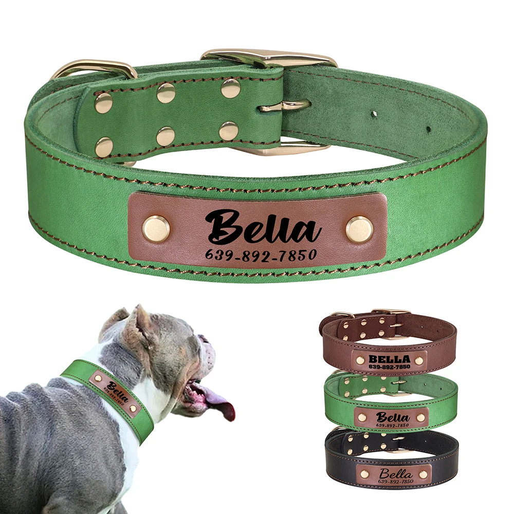 Personalized Leather Dog Collar Adjustable Dog Collars Free Engraved Pet ID Necklace Durable for Medium Large Dogs Bulldog Pug