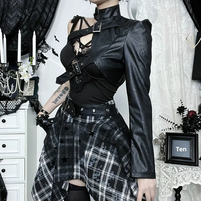 Punk Gothic Sle PU Lederen oulder Sve Jaet Halloween Subcultuur Jazz Kraag Motorfiets Personali Bovenkleding Dames...