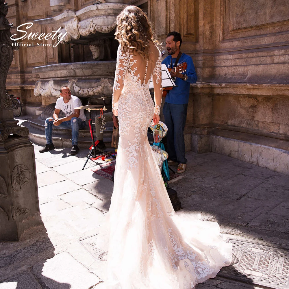 Elegante sereia vestido de casamento organza com renda bordada a linha até o chão vestido de baile manga cheia o-pescoço vestido de noiva botão