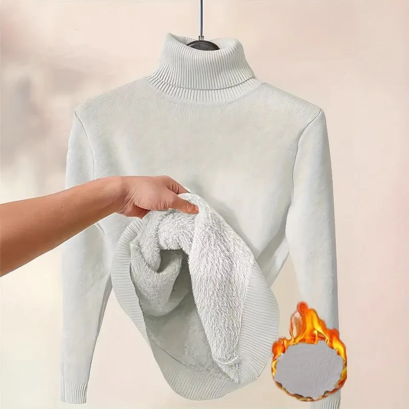 Women Elegant Thicken Velvet Lined Warm Solid Color Knitted Pullover Slim Tops Jersey Knitwear Jumper Turtleneck Winter Sweater