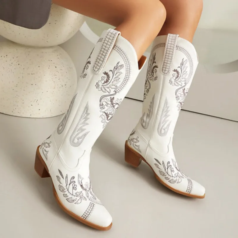 

Cowboy Boots for Women - Wide Calf Knee High Western Cowgirl Boots, Sparkly Rhinestone Retro Country Boots White