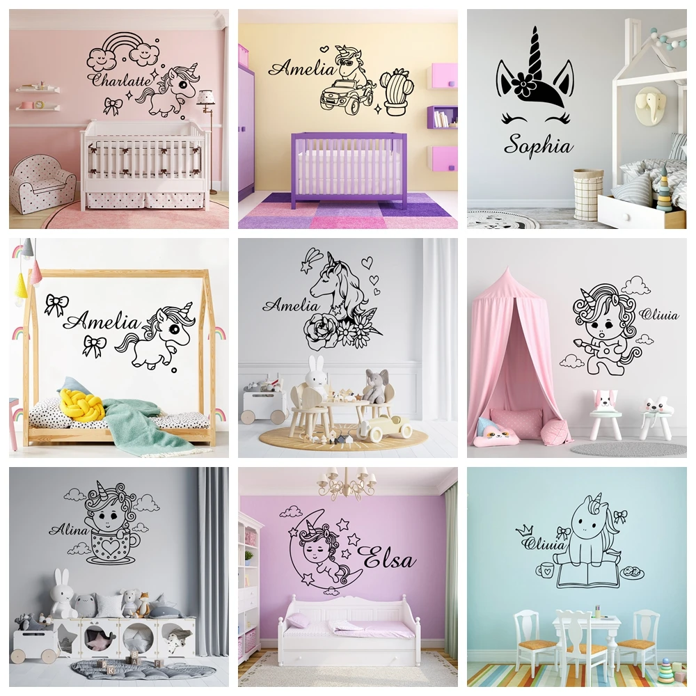 

1 pc beauty unicorn customize name Wall Sticker Home Decoration Accessories For Home Decor Living Room Bedroom Wall Art Decal