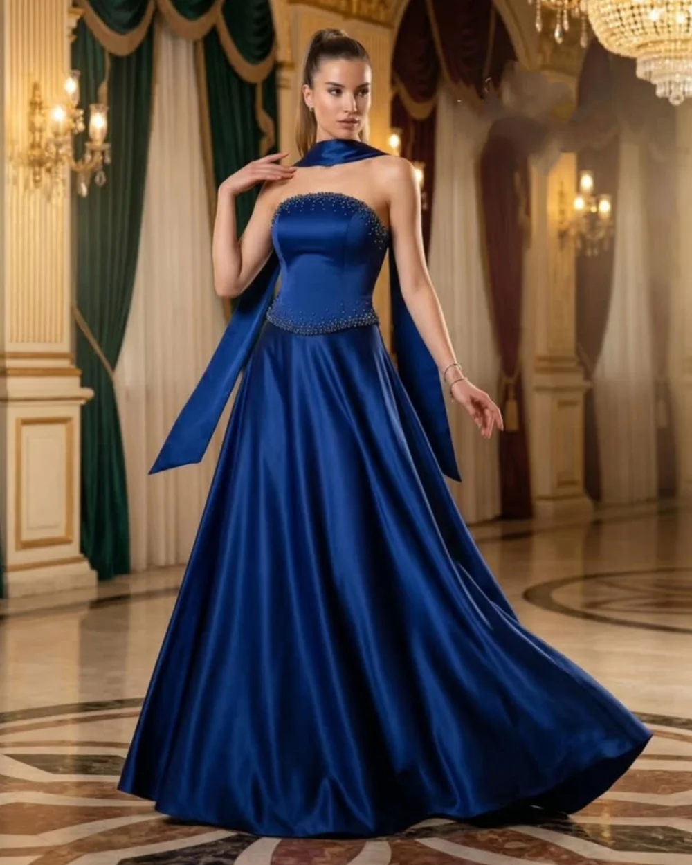 

Customized Formal Women Charmeuse Rhinestone Ruched A-Line Evening Dresses Simple Strapless Sleeveless Floor Lenght Prom Dresses