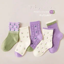 Girls Socks Spring Ruffle Socks Floral Purple Bowknot Socks 5 Pairs Mid Calf Socks 1-12Y Children's Cotton Socks