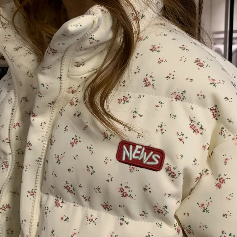 Jaqueta acolchoada de algodão de pão floral doce da menina engrossar estilo coreano outono inverno feminino estudante quente solto casaco puffer jaqueta