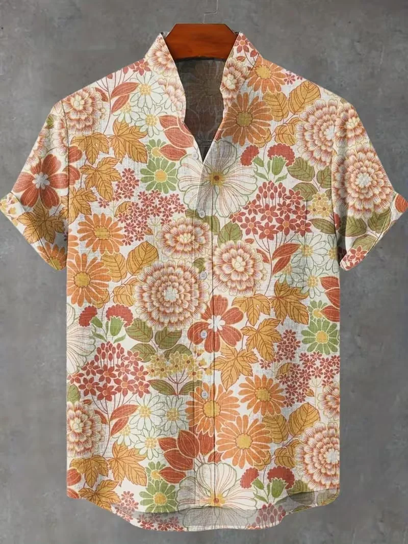 

flower，men's linen short sleeved shirt, high quality, outdoor street, casual and comfortable，fashion trend