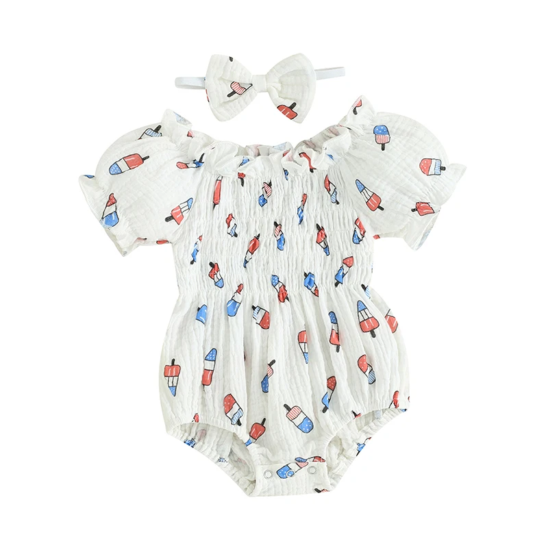 

Newborn Girl Outfit Short Sleeve Pleated Popsicle Print Bodysuit with Bowknot Headband 4th of July Clothing