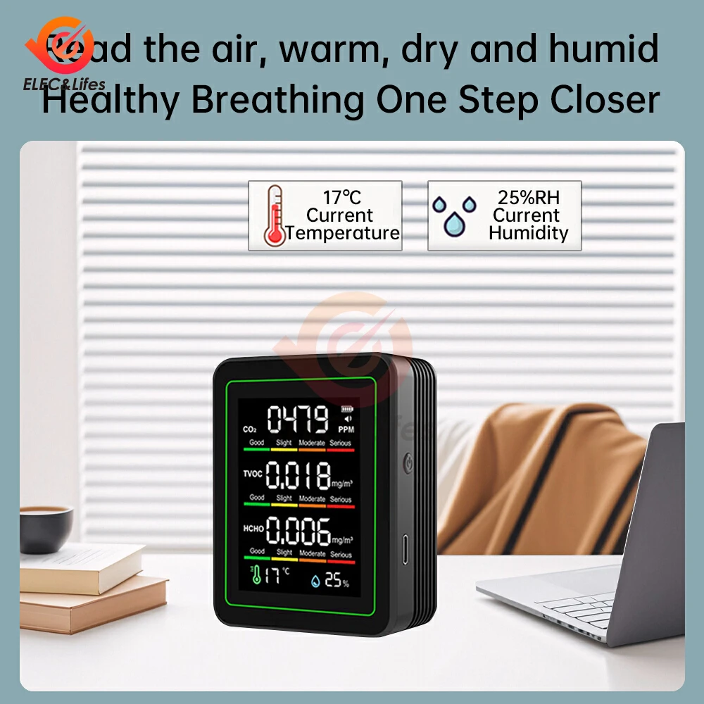 

Монитор качества воздуха 5 в 1, многофункциональный автоматический дисплей для использования в помещении, офиса, настенный экран, детектор воздуха, бытовой