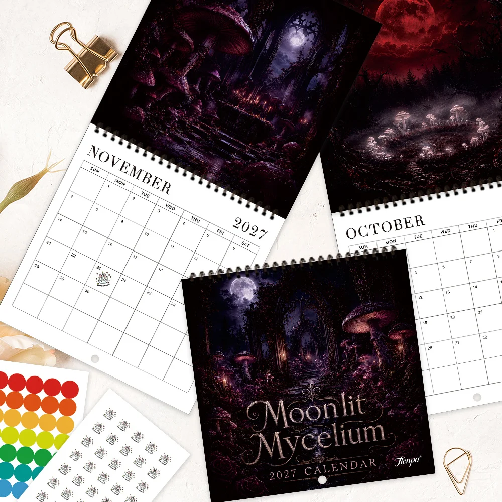1pc 2027 Dark Magic Mushroom Wall Calendar,12‑Month Planner,Gift For Back‑to‑School,Christmas,New Year,Free Stickers Included