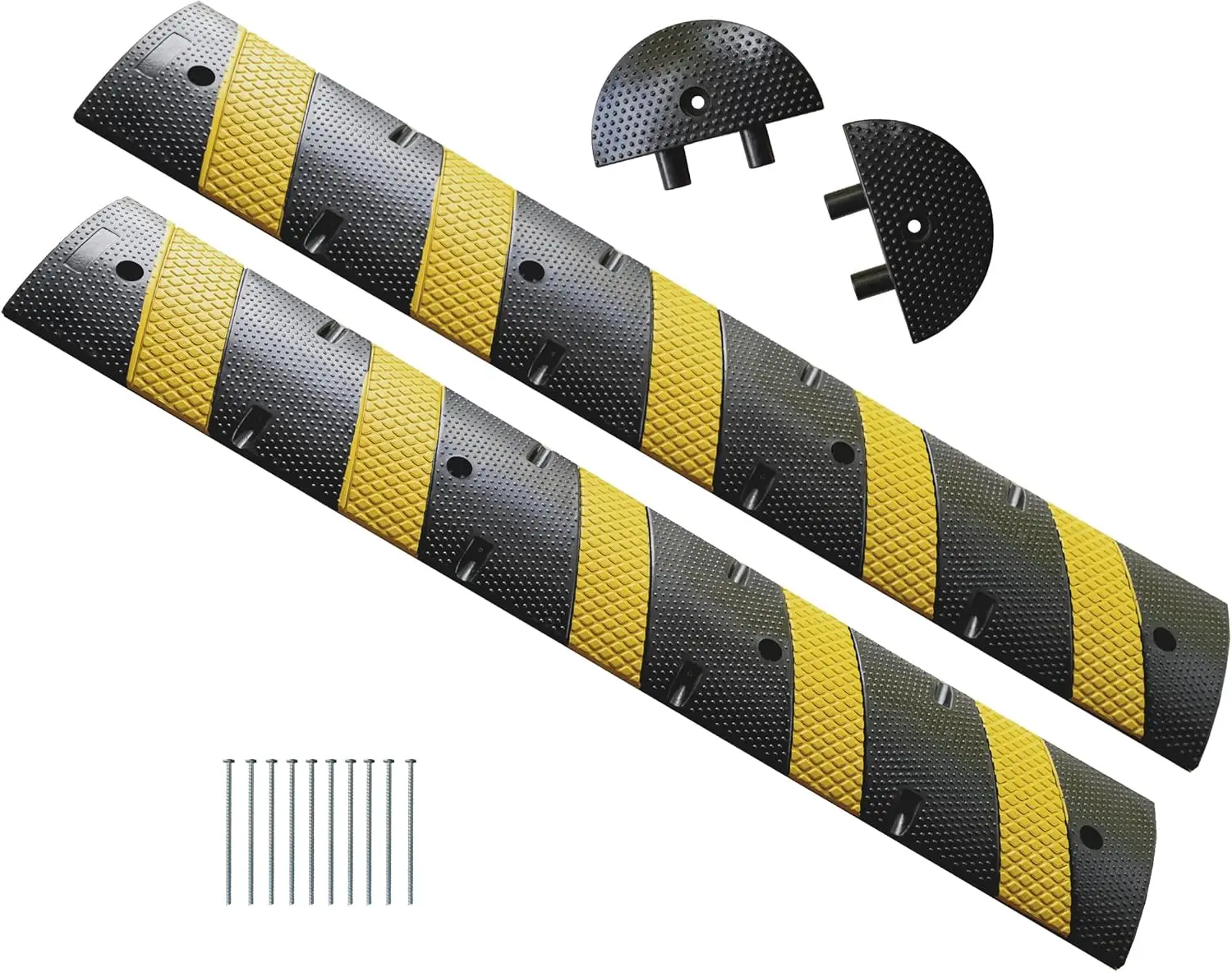 Traffic Speed Bump 2 Pack With 2 End Caps With Hardware, Economy Recycled Rubber, Especially Made For Asphalt Black And Yellow