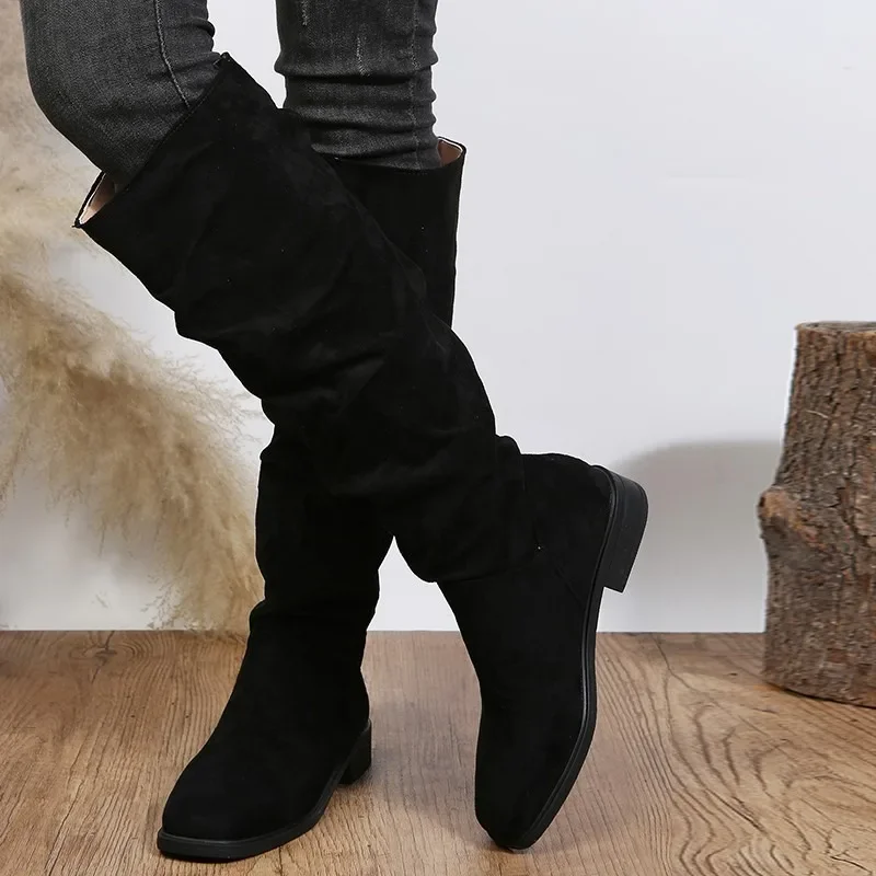 Fashion Knee High Chelsea Boots For Women 2024 Low Hees Autumn New Ladies Modern Denim Female Shoes Pointed Toe Western Boots