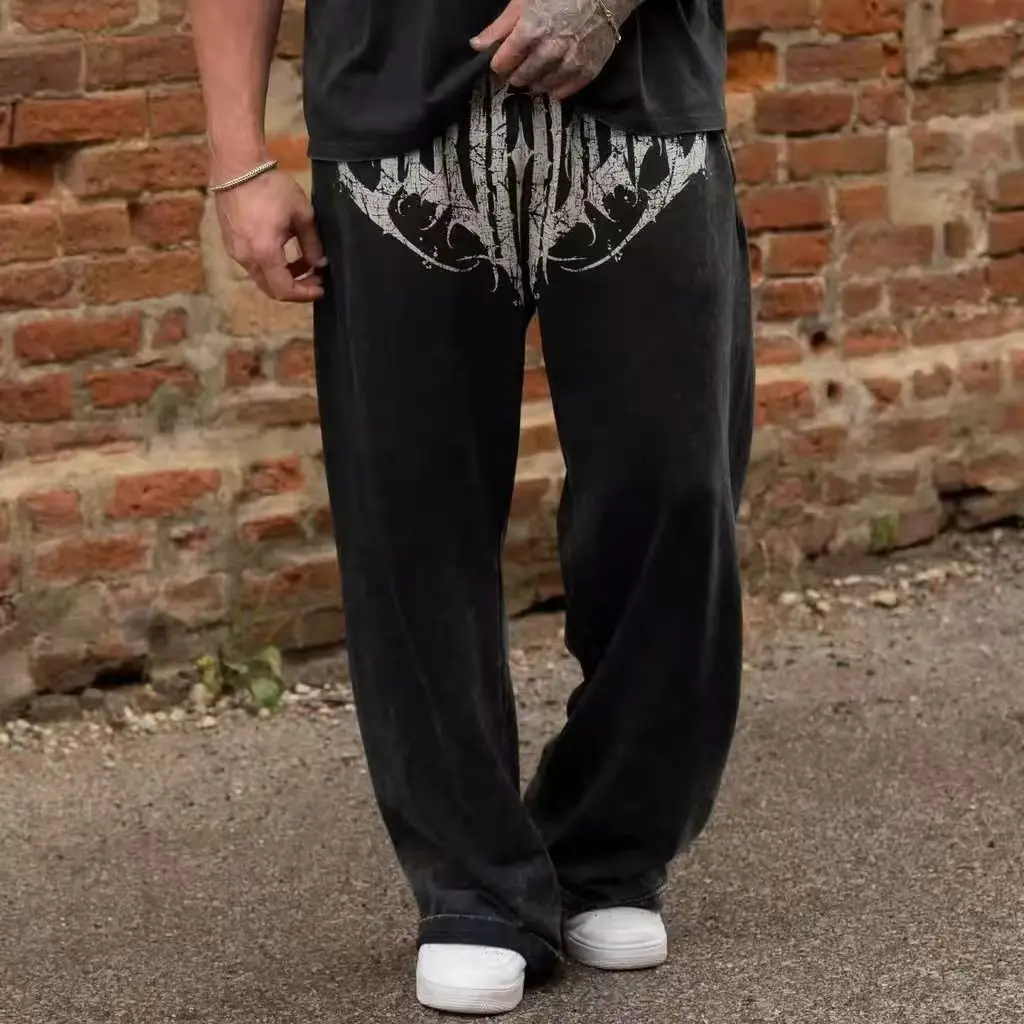 

Американский стиль, трендовые хлопковые мужские прямые широкие брюки с принтом, модные повседневные спортивные штаны для фитнеса и тренировок, спортивные штаны